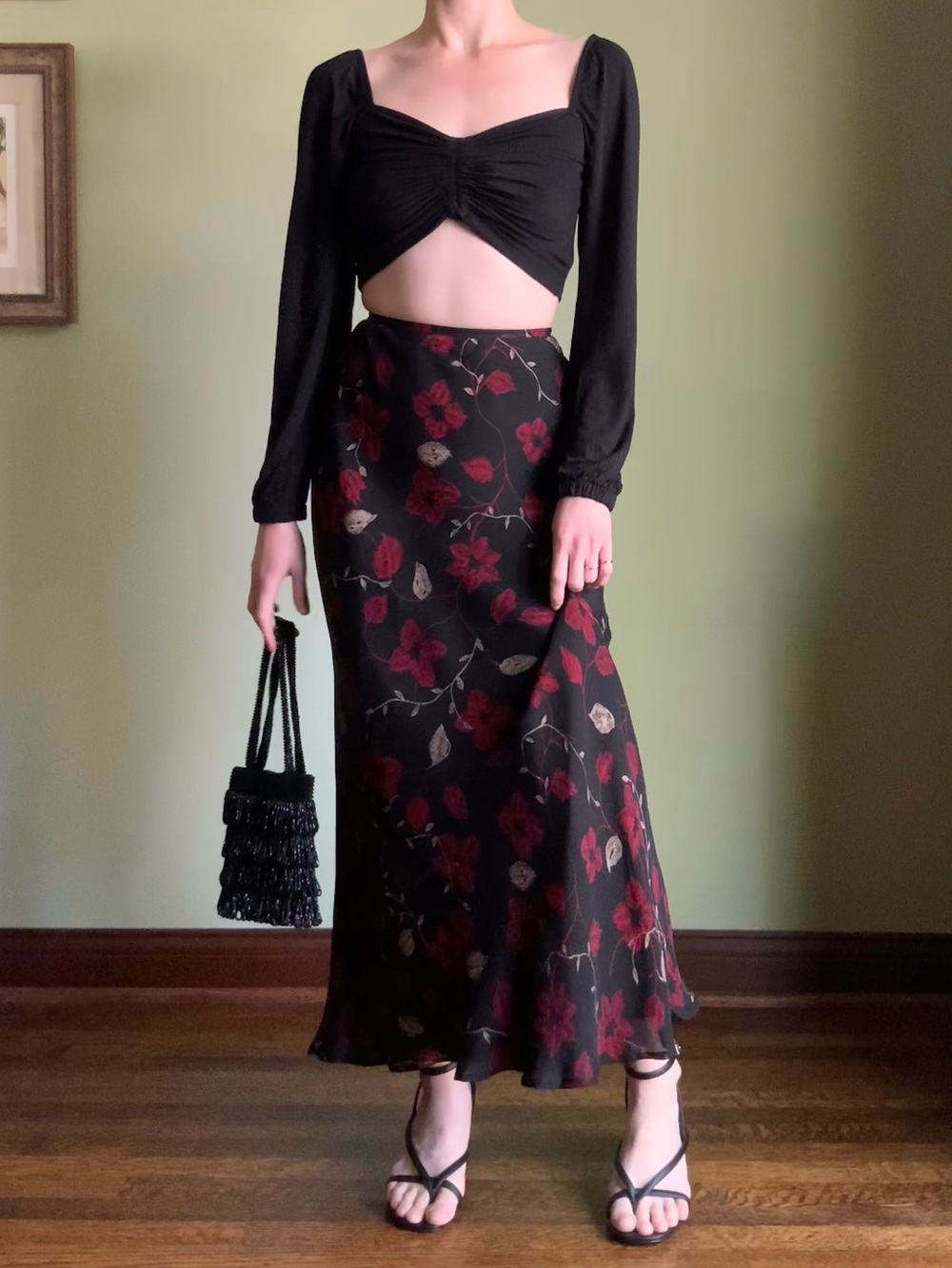 Dark Floral Silk Skirt, Vintage Black Silk Maxi Skirt with Red Flowers, Leaves